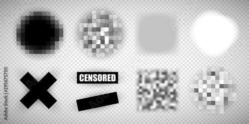 Censorship elements of various types, censored bar and pixel censor mosaics signs set, censure pixelation effect and blur, templates for visual materials censoring photo