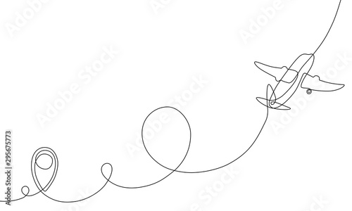 Single line drawing of airplane flight path with start point, one line art of jet airliner takeoff, a continuous line concept for tourism or commercial airlines