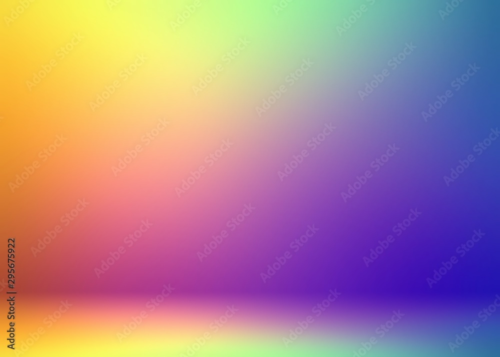 3d studio background colorful. Interactive formless bright transition of yellow pink blue tints. Vibrant rainbow watercolors. Joyful room decor.