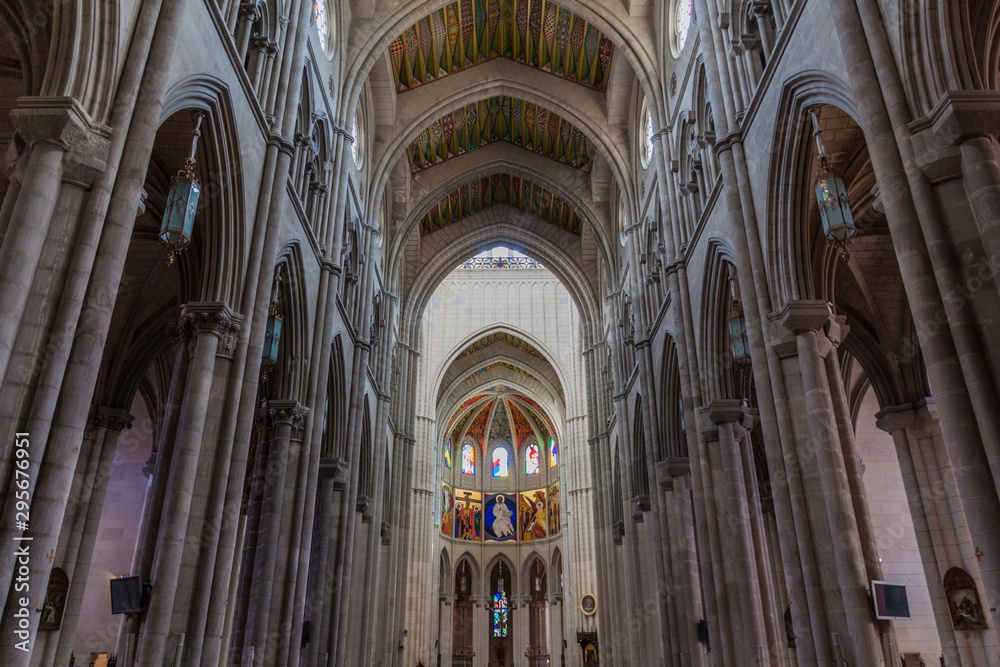 Interior of Almudena Cathedral in Madrid, Spain