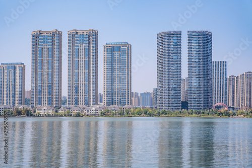 Meixi Lake City Island Viewing Platform and Construction of Intensive Real Estate in Changsha City, Hunan Province, China © Lili.Q
