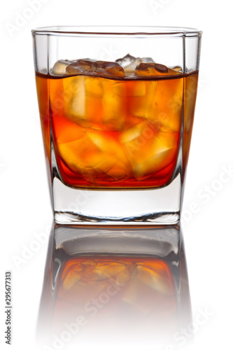 Glass of whiskey withl natural ice isolated on  white.