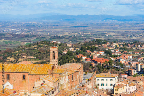 Picturesque aerial view of the medieval town Montepulciano in Tuscany, Italy. Aerial view of the historical centre in winter.