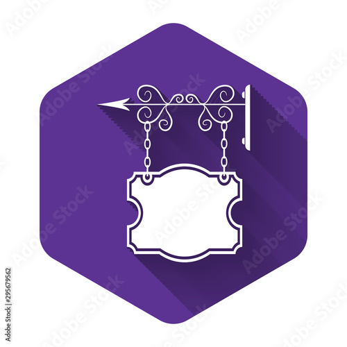 White Vintage street signboard hanging on forged brackets icon isolated with long shadow. Suitable for advertisements bar, cafe, pub, restaurant. Purple hexagon button. Vector Illustration