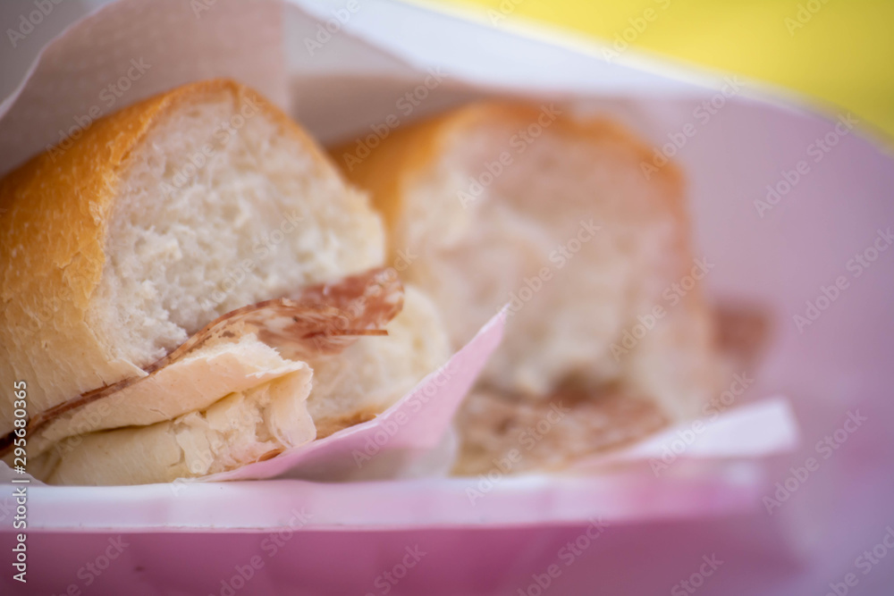 Close Up of Piece of Bread with Salami Close Up of Piece of Bread with Salami
