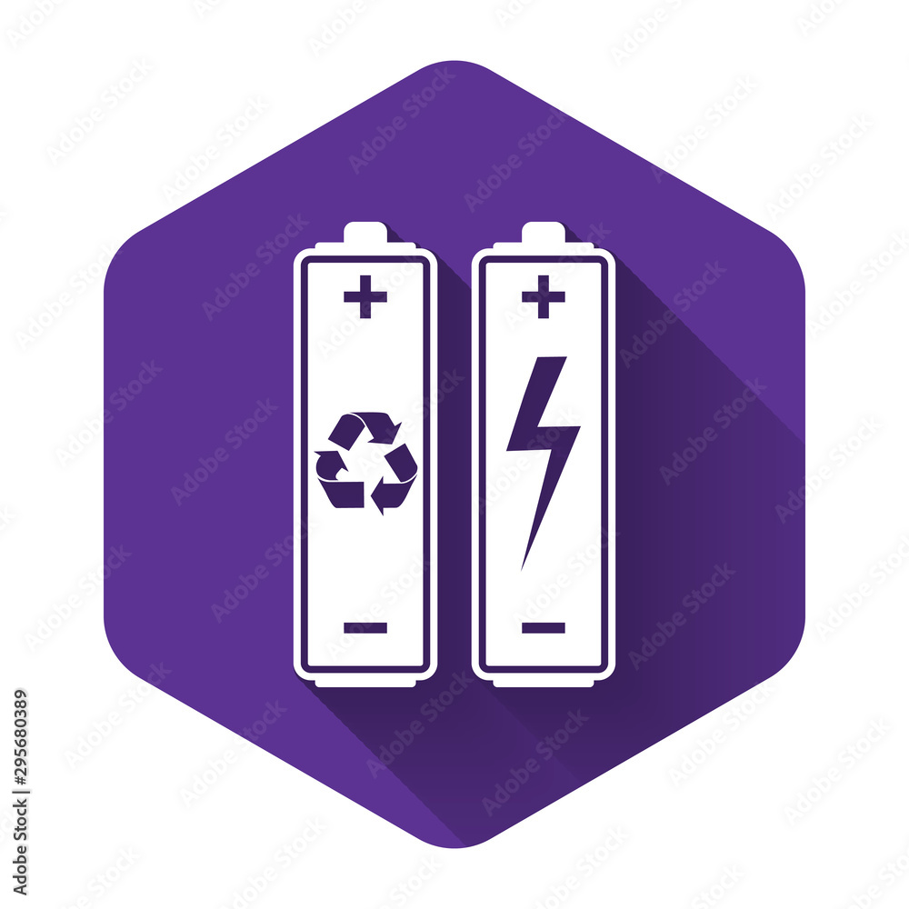 White Battery with recycle symbol - renewable energy concept icon isolated with long shadow. Purple hexagon button. Vector Illustration White Battery with recycle symbol - renewable energy concept icon isolated with long shadow. Purple hexagon button. Vector Illustration