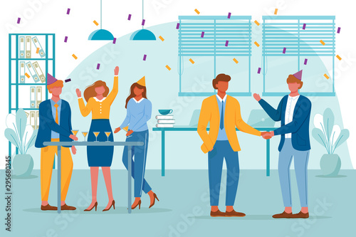 Business team celebrate birthday party flat vector illustration. Anniversary entertainment. Festive event with colleagues. Employees have together cocktails on office party cartoon characters