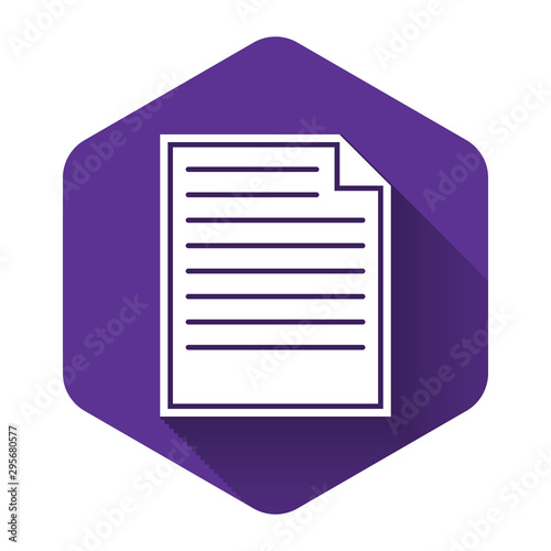 White Document icon isolated with long shadow. File icon. Checklist icon. Business concept. Purple hexagon button. Vector Illustration