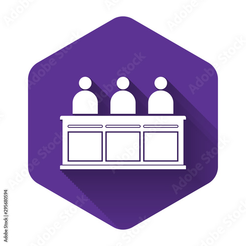 White Jurors icon isolated with long shadow. Purple hexagon button. Vector Illustration