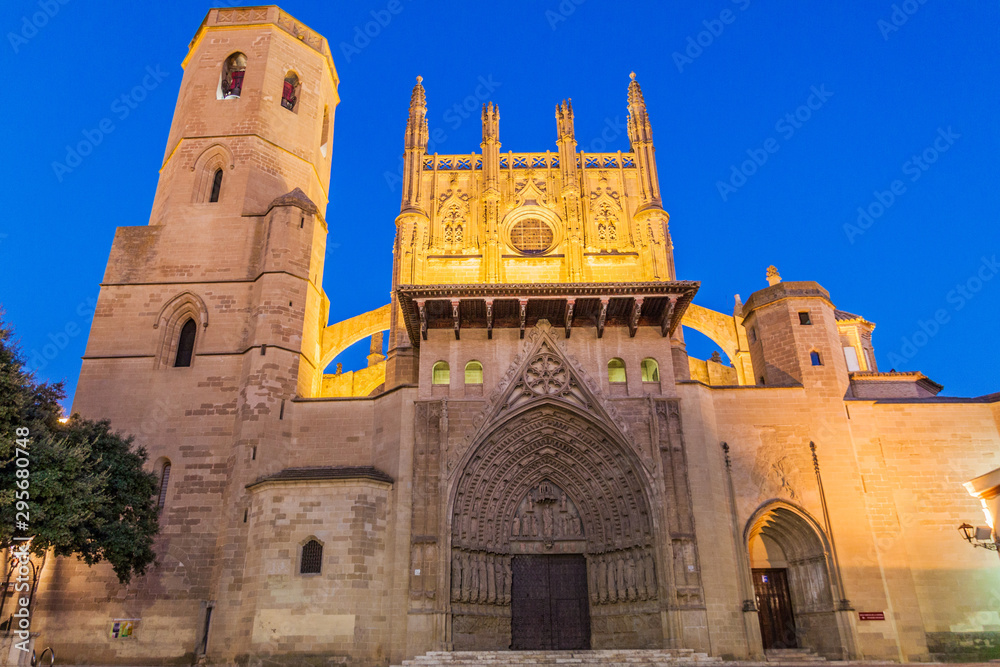 Evening view of the Holy Cathedral of the Transfiguration of the Lord in Huesca, Spain.