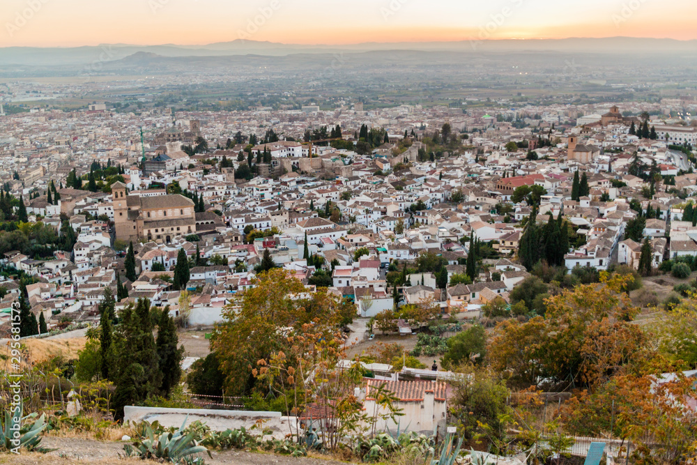 Aerial view of Granada during the sunset, Spain
