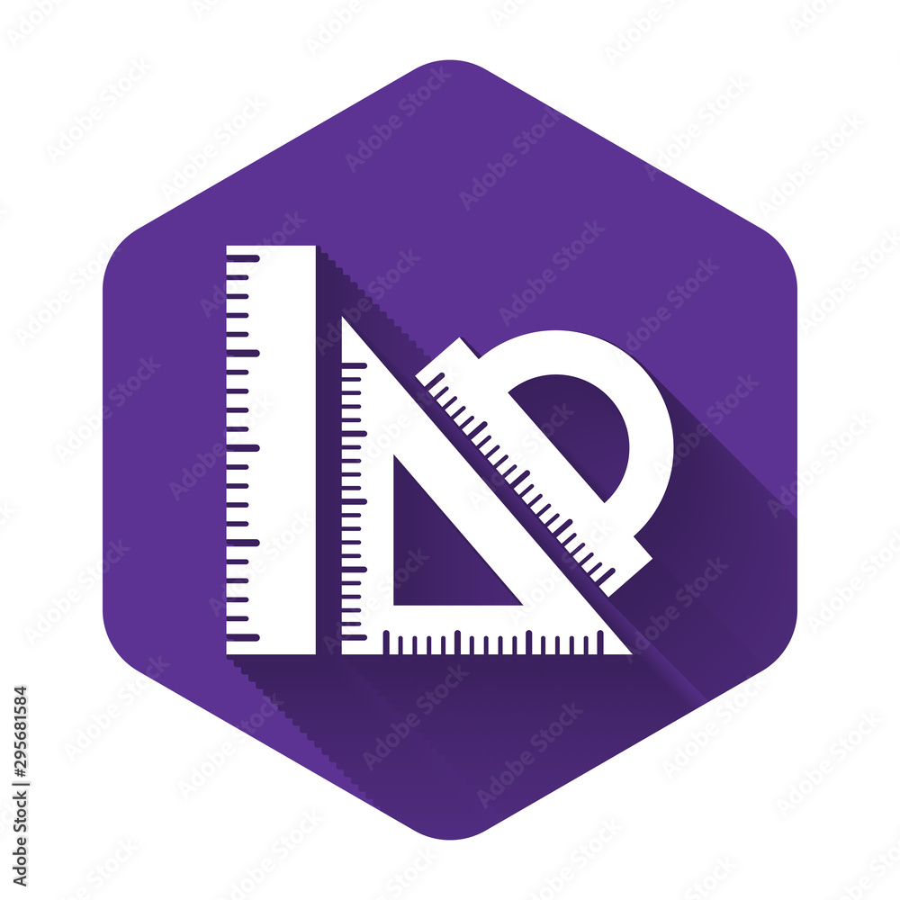 White Set ruler, triangular ruler and protractor icon isolated with long shadow. Straightedge sign. Triangle sign. Geometrical instruments. Purple hexagon button. Vector Illustration