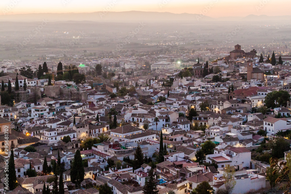 Aerial view of Granada during the sunset, Spain.