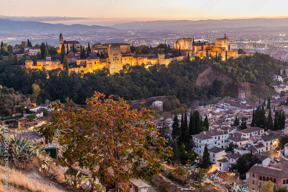 Alhambra in Granada during the sunset, Spain.
