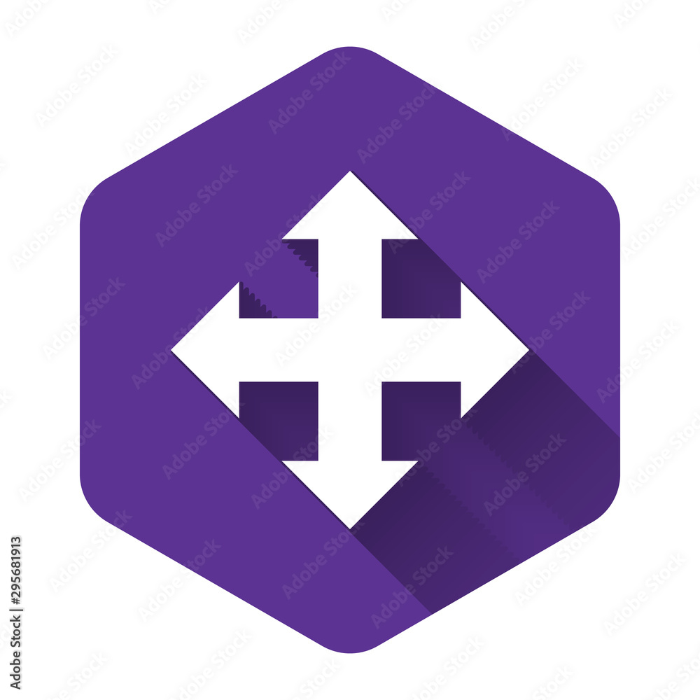 Obraz premium White Arrows in four directions icon isolated with long shadow. Purple hexagon button. Vector Illustration