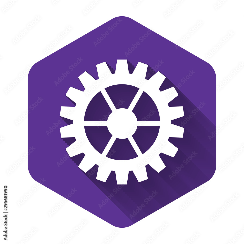 White Gear icon isolated with long shadow. Cogwheel gear settings sign. Cog symbol. Purple hexagon button. Vector Illustration White Gear icon isolated with long shadow. Cogwheel gear settings sign. Cog symbol. Purple hexagon button. Vector Illustration