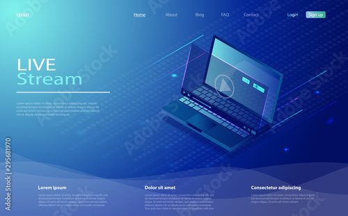 online streaming via laptop. Isometric laptop and live video stream icon.