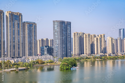 Meixi Lake City Island Viewing Platform and Construction of Intensive Real Estate in Changsha City, Hunan Province, China