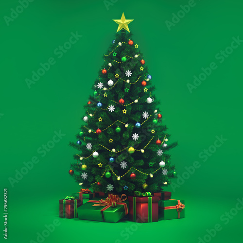 Decorated xmas tree isolated on green, general front view, christmas holiday 3D illustration background 