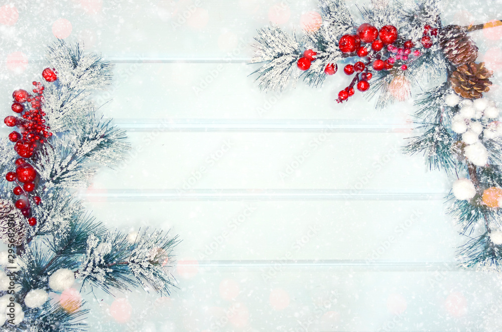 winter background with fir branches cones and snow