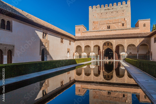 Court of the Myrtles (Patio de los Arrayanes) at Nasrid Palaces (Palacios Nazaries) at Alhambra in Granada, Spain