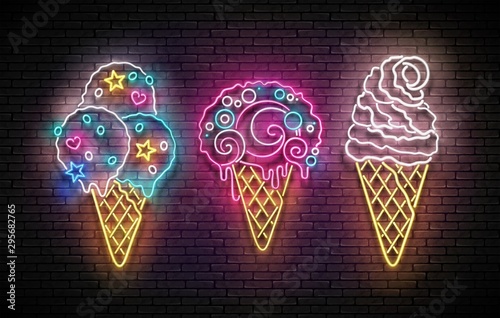 Set of Glow Signboards with Different Ice Cream in Waffle Cones