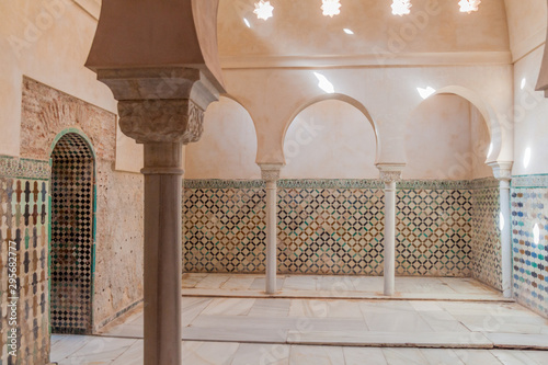 GRANADA, SPAIN - NOVEMBER 2, 2017: Interior of Nasrid Palaces (Palacios Nazaries) at Alhambra in Granada, Spain