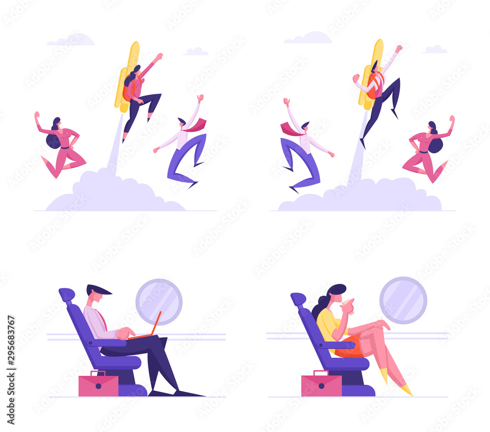 Set of Business Characters Traveling by Airplane for Working Trip and Flying with Jetpack on Back. Businesspeople Airline Transportation. Career Boost with Rocket. Cartoon Flat Vector Illustration