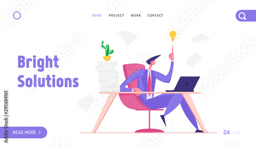 Creative Businessman Having Good Idea Website Landing Page. Business Man Sitting at Table with Much Work Pointing on Glowing Light Bulb above of Head Web Page Banner. Cartoon Flat Vector Illustration