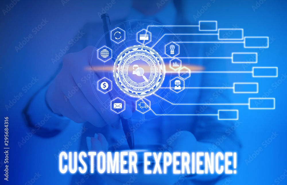 Conceptual hand writing showing Customer Experience. Concept meaning product of interaction between organization and buyer Picture photo network scheme with modern smart device Conceptual hand writing showing Customer Experience. Concept meaning product of interaction between organization and buyer Picture photo network scheme with modern smart device