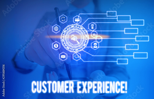 Conceptual hand writing showing Customer Experience. Concept meaning product of interaction between organization and buyer Picture photo network scheme with modern smart device photo