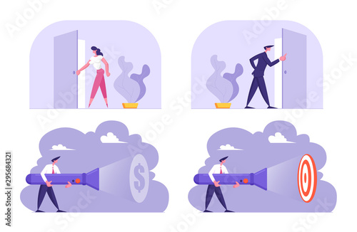 Set of Business People Standing at Open Door Entrance Looking Inside, Lighting to Target. New Opportunity, Successful Idea Research, Career Growth, Light in Darkness Cartoon Flat Vector Illustration