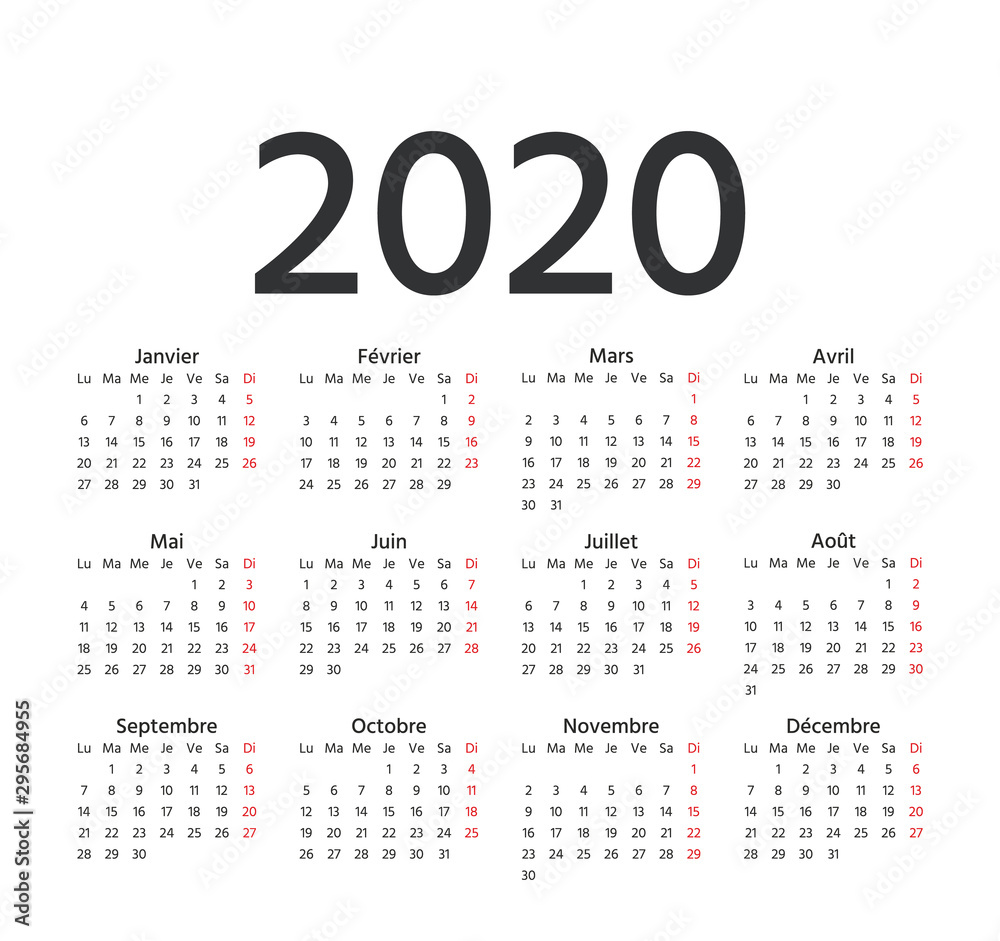 French Calendar 2020 year. Vector. Week starts Monday. France calender template. Yearly stationery organizer in minimal design. Horizontal landscape orientation. French Calendar 2020 year. Vector. Week starts Monday. France calender template. Yearly stationery organizer in minimal design. Horizontal landscape orientation.