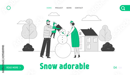 Happy Family of Mother Father and Baby Making Snowman Website Landing Page. Dad Holding Child who Putting Bucket on Snow Man Head, Mom Help Web Page Banner. Cartoon Flat Vector Illustration, Line Art