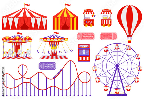 Amusement park, circus, carnival fair theme. Vector. Set with Ferris wheel, tent, carousel, roller coaster, air balloon. Icons isolated on white background. Attraction at daytime. Cartoon illustration photo