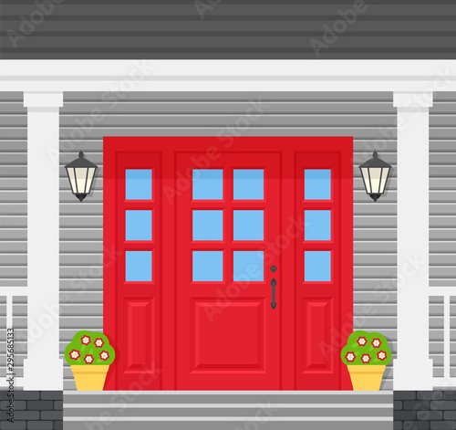 Front door house. Vector. Home porch with red door, lanterns, stairs and plants. Gray facade. Building entrance, doorstep. Modern outside architecture in flat design. Cartoon illustration