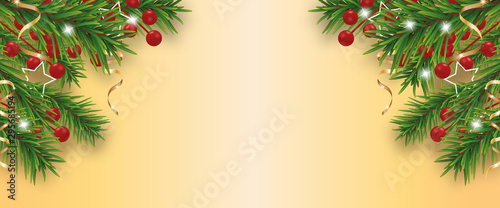 Yellow Golden background Christmas and Happy New Year decorated tree branches and holly berries, golden ribbons and stars. Vector