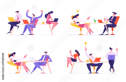 Set of Business Characters Men and Women Conducting Negotiation for Employment with Company Leader. Successful Managers Team Work Together, Corporate Communication Cartoon Flat Vector Illustration