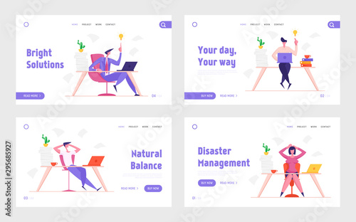 Overloaded Office Workers Deadline, Stress and Creative Idea Website Landing Page Set. Business People Sitting at Desk with Documents and Laptop Web Page Banner. Cartoon Flat Vector Illustration