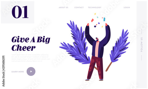 Merry Christmas and New Year Celebration Website Landing Page. Cheerful Man Throw Up Confetti on Festive Background with Fir Tree Branches. 2020 Party Web Page Banner. Cartoon Flat Vector Illustration