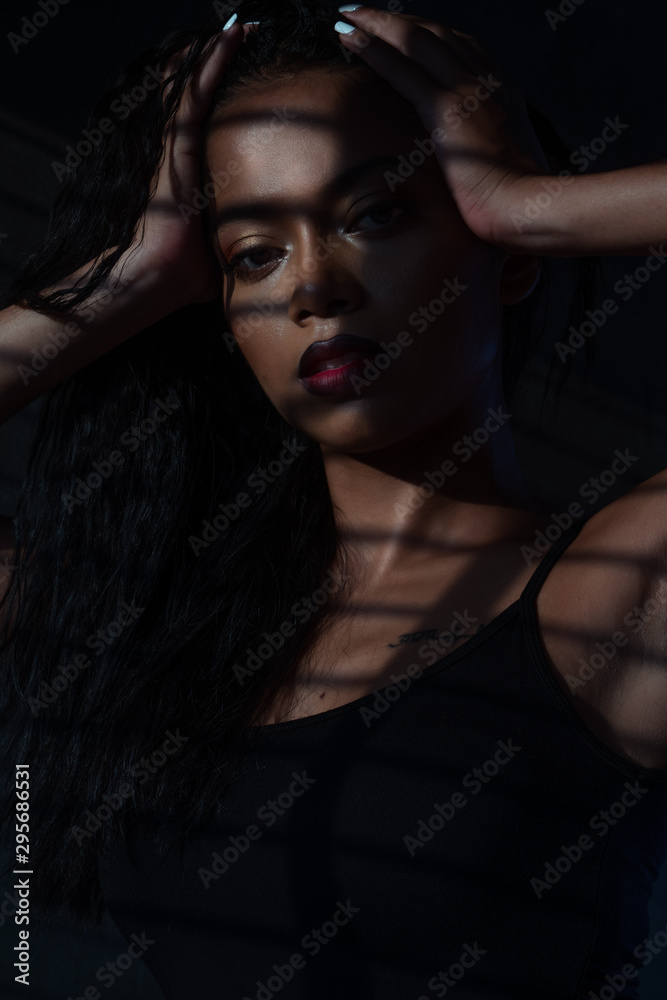 Portrait of sensual woman in black top with a striped shadow from the blinds Portrait of sensual woman in black top with a striped shadow from the blinds