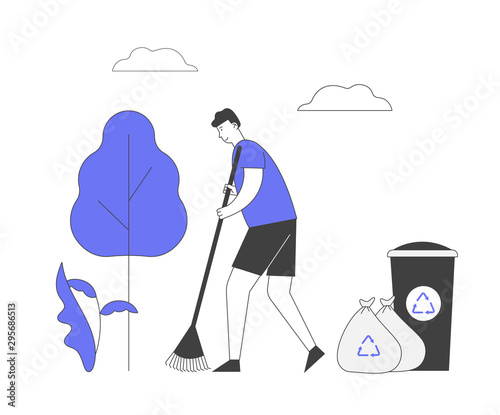 Ecology Protection Concept. Man Volunteer Sweeping Ground in Park Collecting Trash into Bags and Litter Bin with Recycling Sign. Nature Garbage Pollution. Cartoon Flat Vector Illustration, Line Art