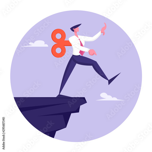 Crisis Management, Bankruptcy and Dept Concept. Puppet Businessman with Clockwork Mechanism on Back Take Step on Edge of Abyss. Business Man in Dangerous Situation. Cartoon Flat Vector Illustration