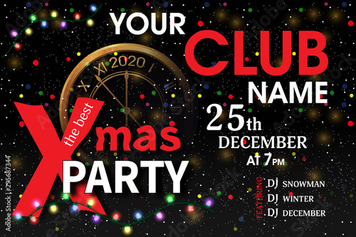 Christmas or New Year 2020 party invitation template. Xmas bright black background decorated golden clock and light garlands. Vector
