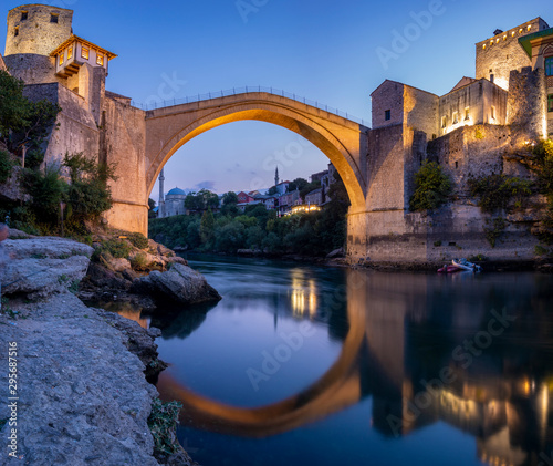 Mostar, Old bridge and old town in the evening