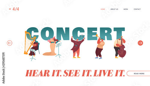 Landing Page of Symphony Orchestra Playing Classical Music Concert, Musician with Instrument Harp Performing on Stage
