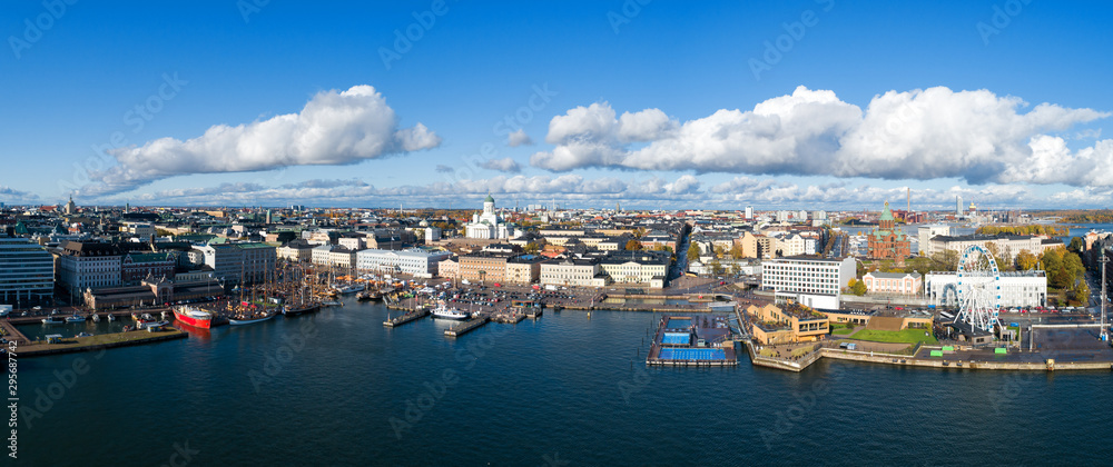  Panoramic view of the capital of Finland, visible - Helsinki Cathedral, Senate square, Market Square. Shot from the air