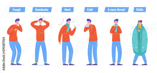 Set of Sick People Characters. Man Patient with Flu, Influenza Symptoms, Virus Disease, Illness Concept. Cold Treatment