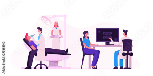 Man Lying in Medical Chair in Stomatologist Cabinet with Equipment. Doctor Conducting Patient Health Doing Medical Check Up Treatment with Nurse Assistance, Xray Jaw Cartoon Flat Vector Illustration