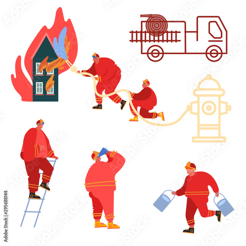 Set of Firefighter Using Water From Hose for Fire Fighting Burning House. Fireman in Uniform, Fire Department Rescuer